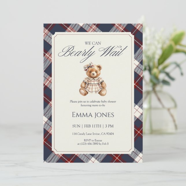 We Can Bearly Wait Navy Plaid Bear Baby Shower Invitation (Standing Front)