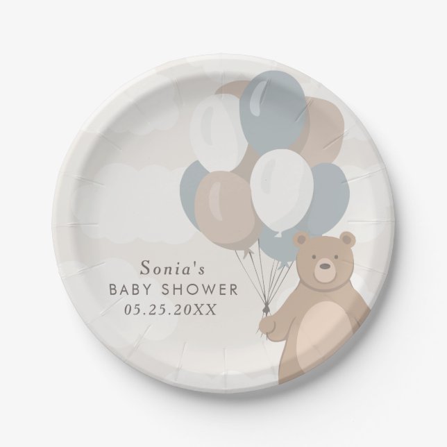 We Can Bearly Wait | Neutral Blue Boy's Paper Plates (Front)