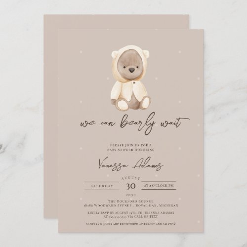 We Can Bearly Wait Neutral Teddy Bear Baby Shower  Invitation