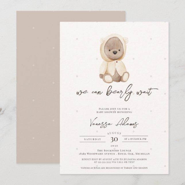 We Can Bearly Wait, Neutral Teddy Bear Baby Shower Invitation (Front/Back)