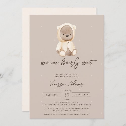 We Can Bearly Wait Neutral Teddy Bear Baby Shower Invitation