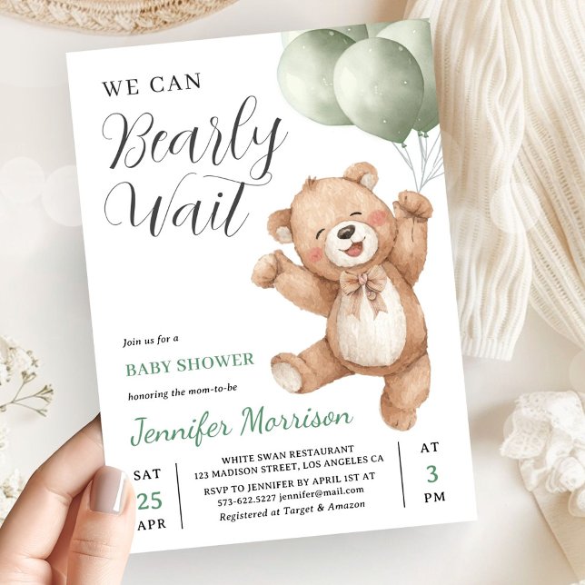 We Can Bearly Wait Neutral Teddy Bear Baby Shower Invitation (Creator Uploaded)