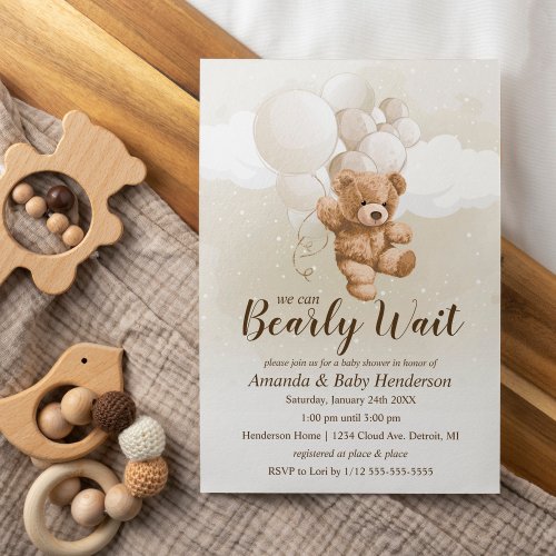 We can Bearly Wait Neutral Teddy Bear Baby Shower Invitation