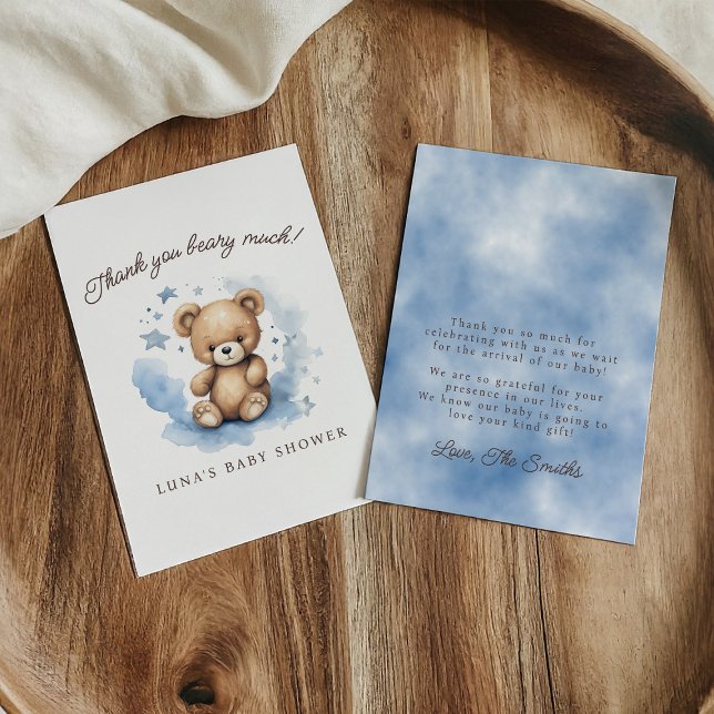 We Can Bearly Wait Pastel Blue Baby Shower Flat Thank You Card (Creator Uploaded)