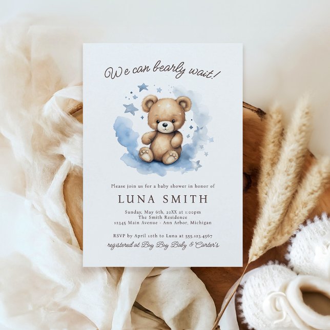 We Can Bearly Wait Pastel Blue Baby Shower Invitation (Creator Uploaded)