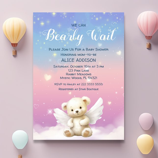 We Can Bearly Wait Pastel Gradient Angel Teddy  Invitation (Creator Uploaded)