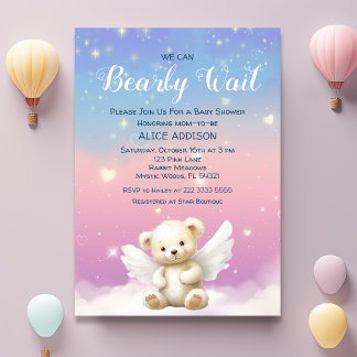 We Can Bearly Wait Pastel Gradient Angel Teddy  Invitation