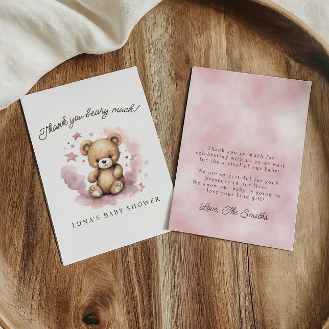 We Can Bearly Wait Pastel Pink Baby Shower Flat Thank You Card (Creator Uploaded)