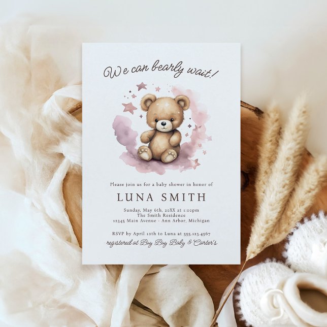We Can Bearly Wait Pastel Pink Baby Shower Invitation (Creator Uploaded)
