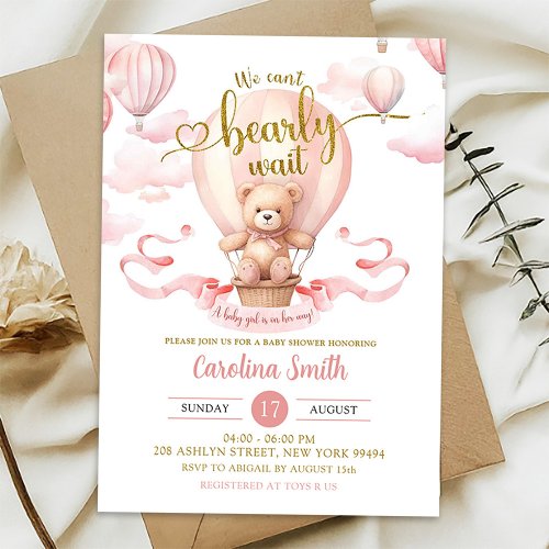 We Can Bearly Wait Pink Air Balloon Baby Shower Invitation