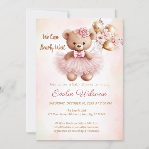 we can bearly wait pink baby shower Invitation