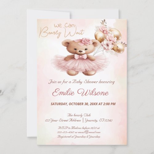 we can bearly wait pink baby shower Invitation