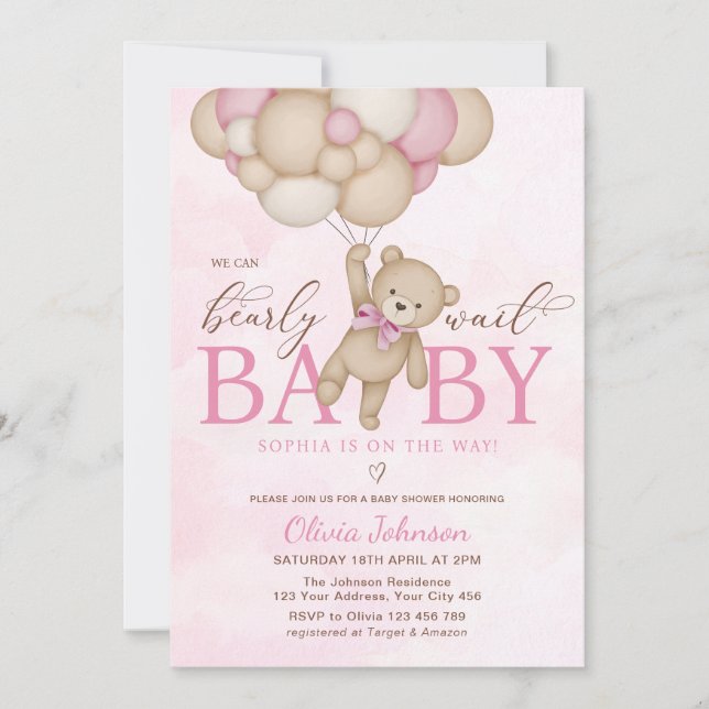 We Can Bearly Wait Pink Baby Shower Invitation (Front)