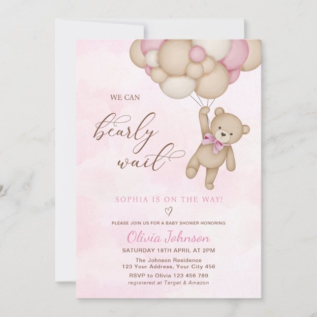 We Can Bearly Wait Pink Baby Shower Invitation (Front)