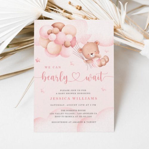 We Can Bearly Wait Pink Baby Shower Invitation