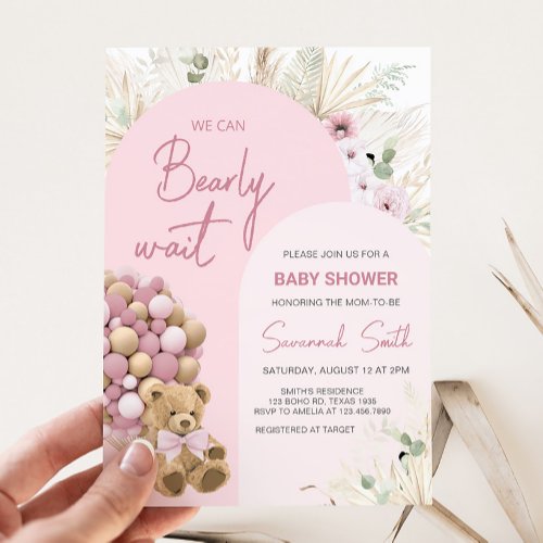 We Can Bearly Wait Pink Baby Shower  Invitation
