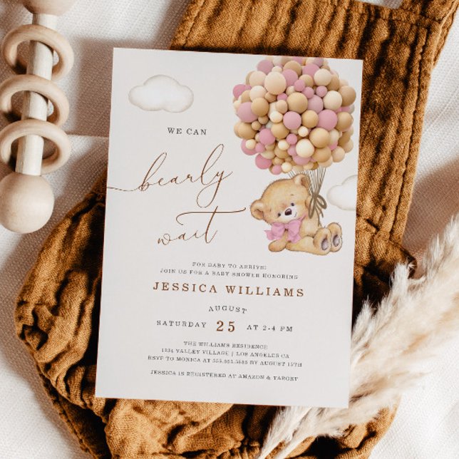 We Can Bearly Wait Pink Baby Shower Invitation (Creator Uploaded)
