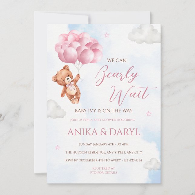 We Can Bearly Wait Pink Baby Shower Invitation (Front)