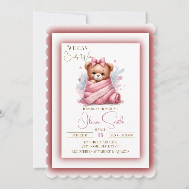 We Can Bearly Wait Pink Baby Shower Invitation (Front)