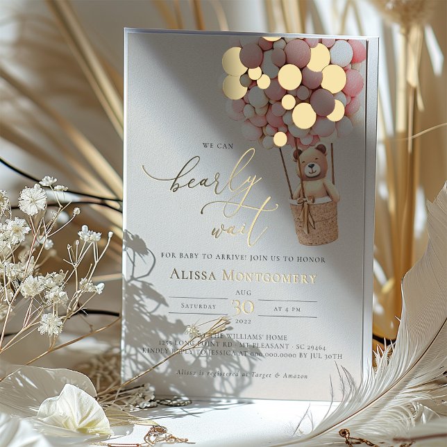 We Can Bearly Wait! Pink Baby Shower Invitation Foil Invitation (Creator Uploaded)