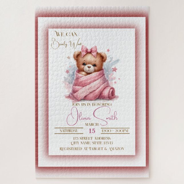We Can Bearly Wait Pink Baby Shower Jigsaw Puzzle (Vertical)