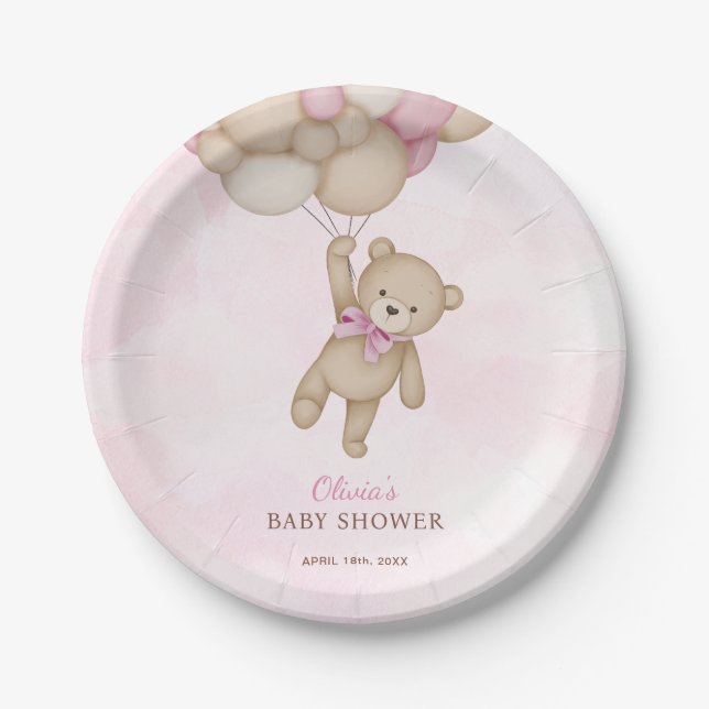 We Can Bearly Wait Pink Baby Shower Paper Plates (Front)