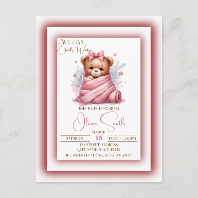 We Can Bearly Wait Pink Baby Shower Postcard (Front)