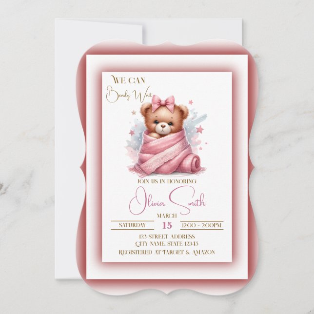 We Can Bearly Wait Pink Baby Shower Save The Date (Front)