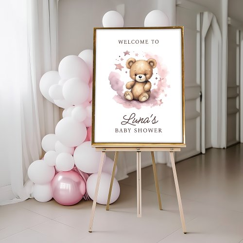 We Can Bearly Wait Pink Baby Shower Welcome Poster
