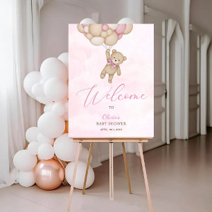 We Can Bearly Wait Pink Baby Shower Welcome Sign