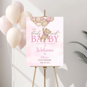 We Can Bearly Wait Pink Baby Shower Welcome Sign