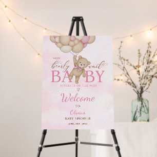 We Can Bearly Wait Pink Baby Shower Welcome Sign