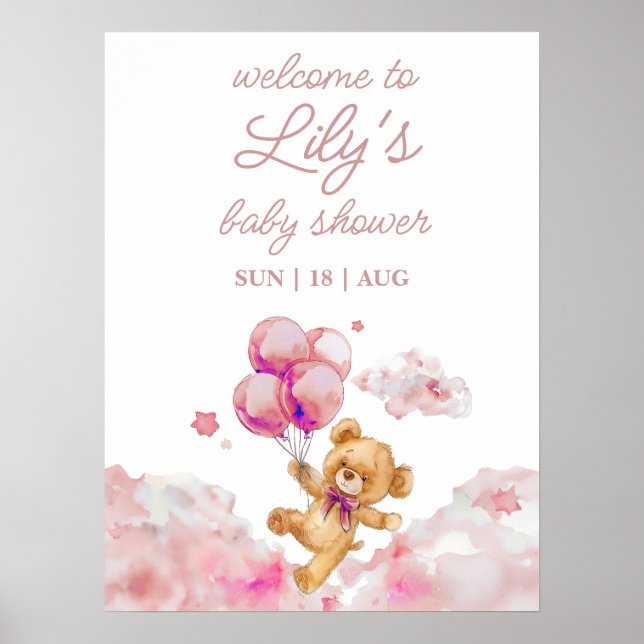 We Can Bearly Wait Pink Baby Shower Welcome Sign (Front)