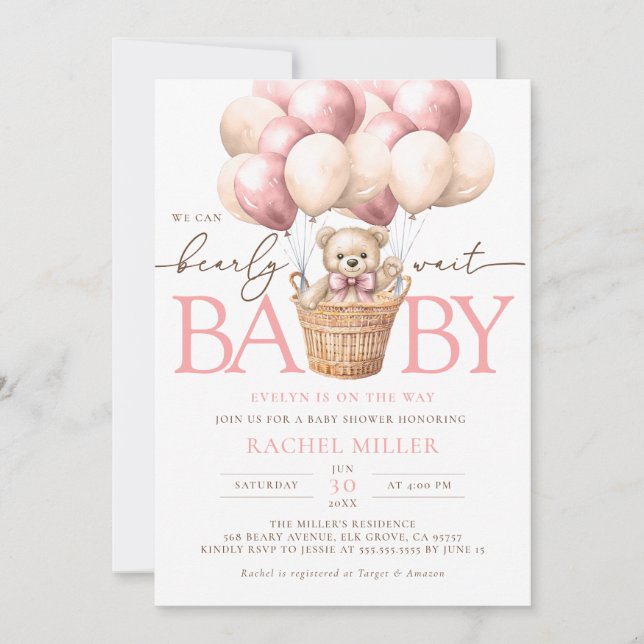 We Can Bearly Wait Pink Balloon Baby Girl Shower Invitation (Front)