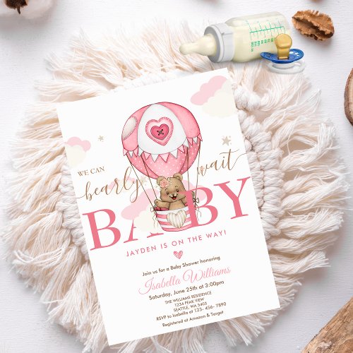 We Can Bearly Wait Pink Balloon Bear Baby Shower Invitation
