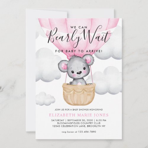 We Can Bearly Wait Pink Balloon Girl Baby Shower Invitation