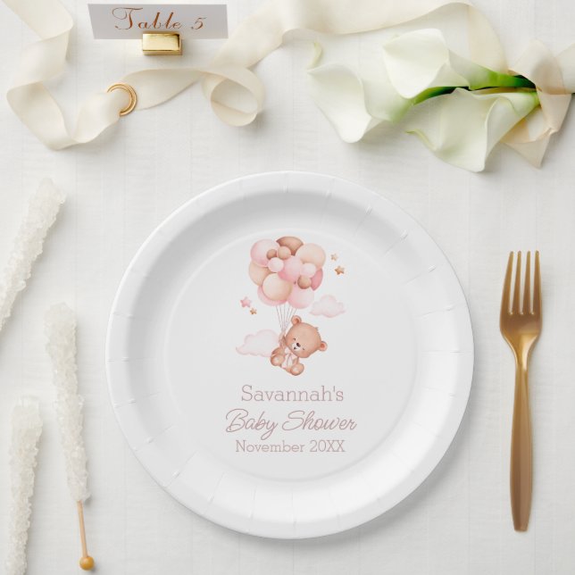 We Can Bearly Wait Pink Balloons Baby Shower  Paper Plates (Wedding)
