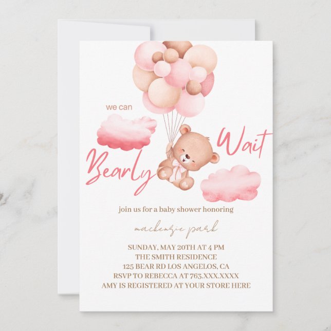 We Can Bearly Wait Pink Bear Baby Shower  Invitation (Front)