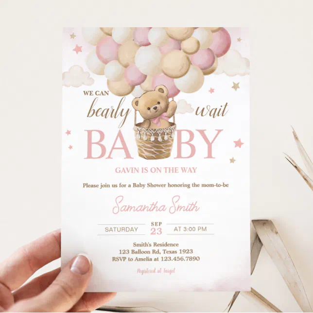 We Can Bearly Wait Pink Bear Baby Shower Invitation | Zazzle