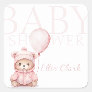 We Can Bearly Wait Pink Bear Baby Shower Square Sticker