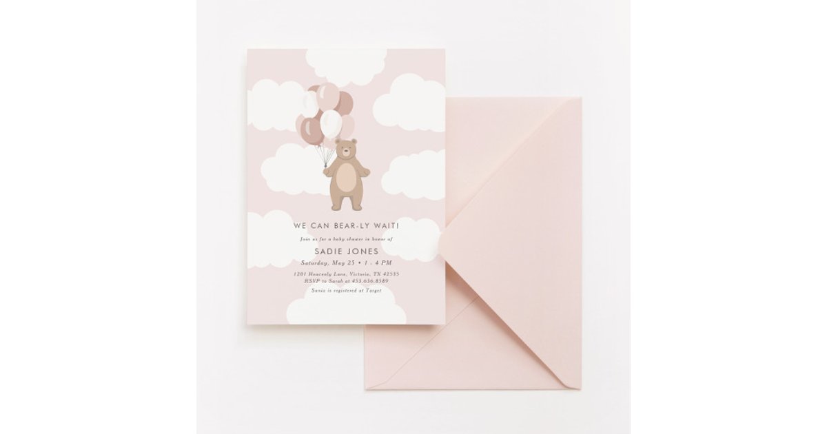 We Can Bearly Wait | Pink Bear Balloon Baby Shower Invitation | Zazzle