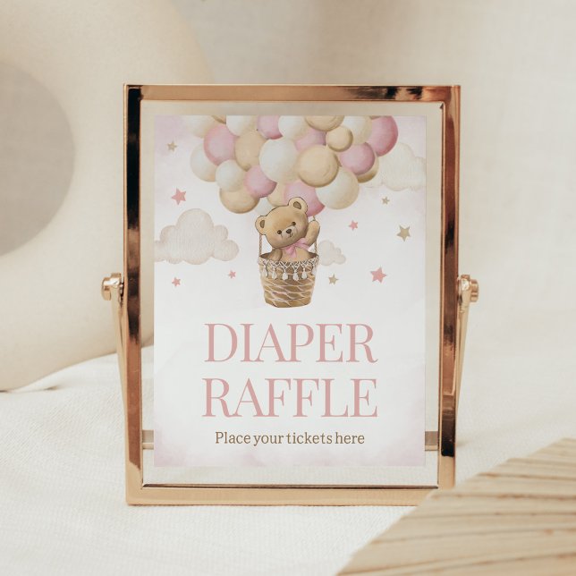 We Can Bearly Wait Pink Bear Diaper Raffle Poster (Girl Teddy Bear Balloon Baby Shower Diaper Raffle Sign)