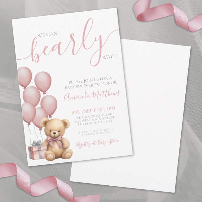 We Can Bearly Wait Pink Bear Girl Baby Shower Invitation (We Can Bearly Wait Pink Bear Girl Baby Shower Invitation)