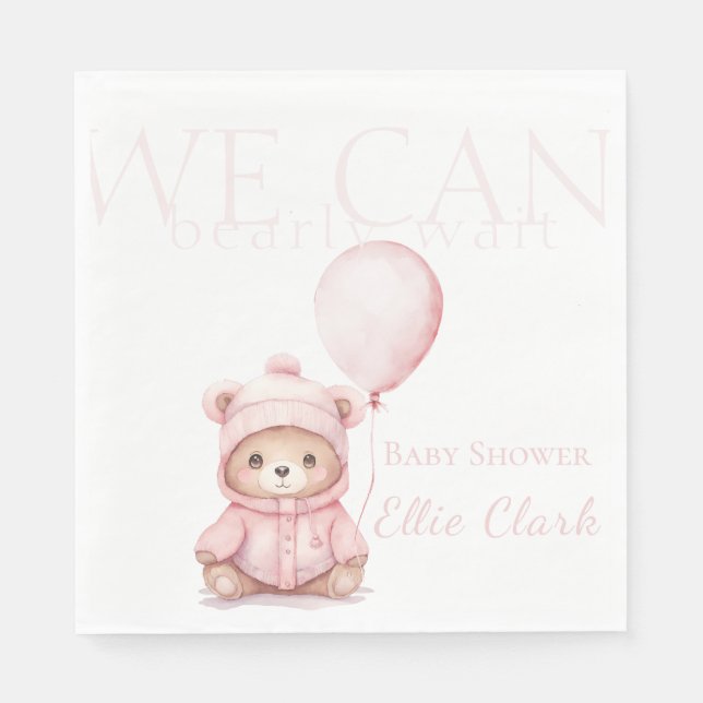 We Can Bearly Wait Pink Bear Girl Baby Shower Napkins (Front)
