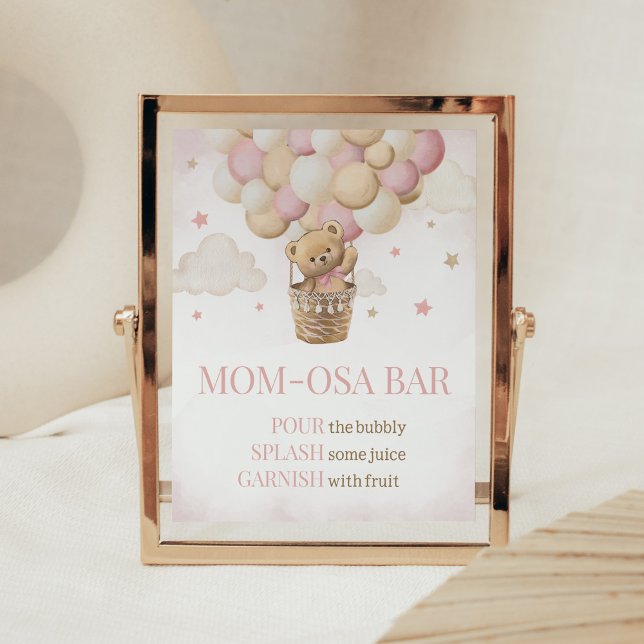 We Can Bearly Wait Pink Bear Mom Osa Bar Poster (Girl Teddy Bear Balloon Baby Shower Mom Osa Bar Sign)