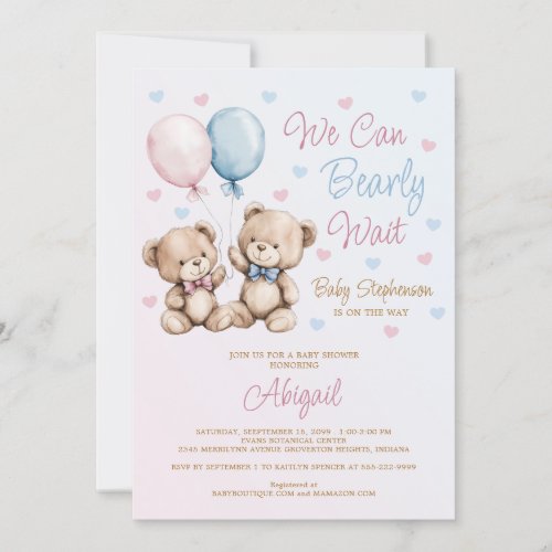 We Can Bearly Wait Pink Blue Baby Shower Invitation