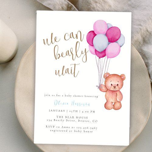 We Can Bearly Wait Pink Blue Balloon Baby Shower Invitation
