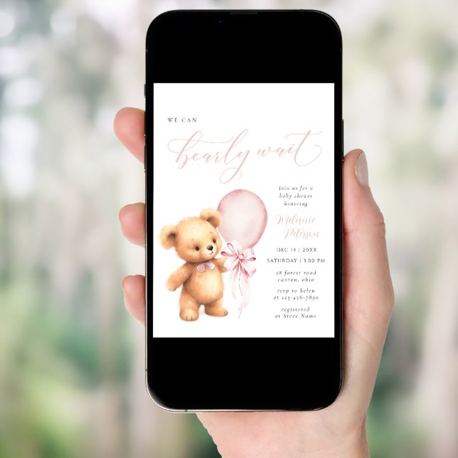 We Can Bearly Wait Pink Bow Balloon Baby Shower Invitation (Front Digital)