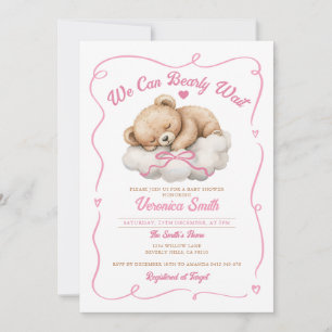 We can bearly wait Pink Bow Bear Girl Baby Shower Invitation