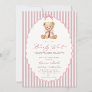 We Can Bearly Wait pink bow girl Baby Shower Invitation